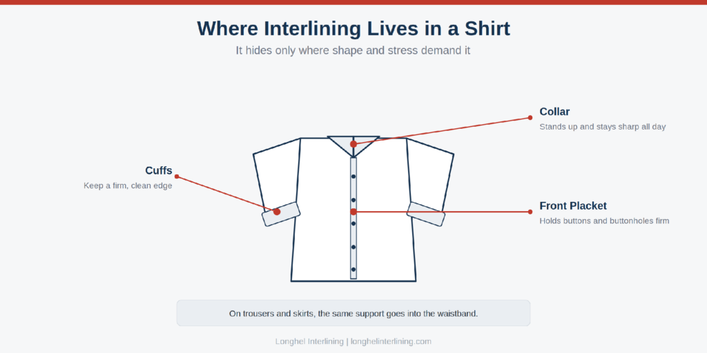 Figure 2: Interlining sits only in the high-stress, shape-critical zones of a shirt.