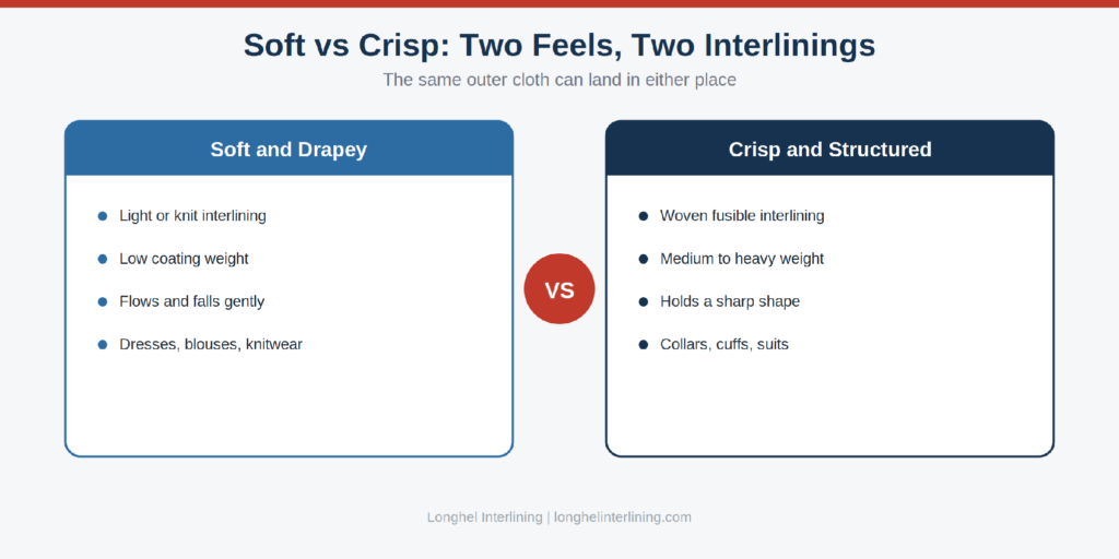 Figure 3: The same outer cloth can land soft and drapey or crisp and structured.
