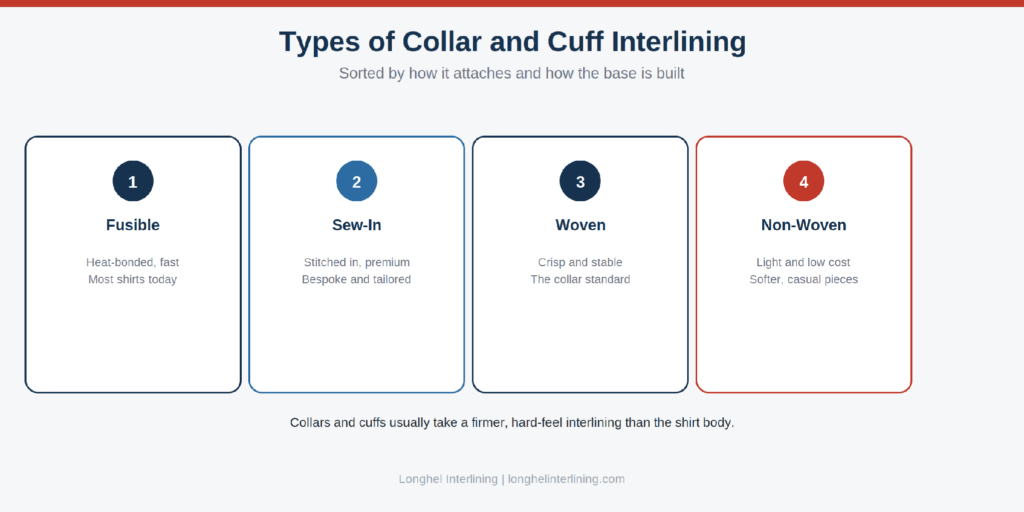 Types of collar and cuff interlining: fusible, sew-in, woven and non-woven Figure 2: Collar and cuff interlining, sorted by attachment method and base construction.