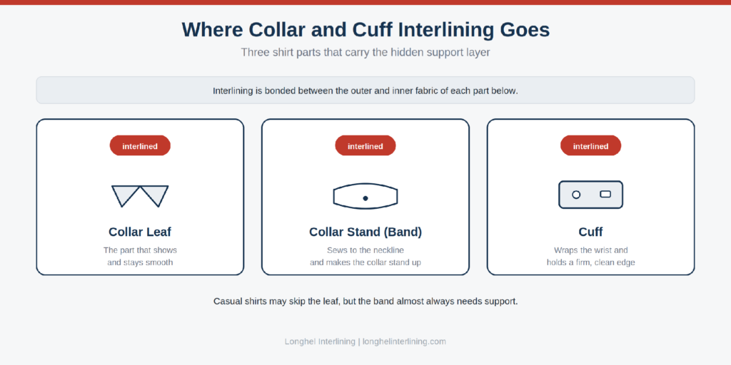 Where collar and cuff interlining goes: collar leaf, collar stand or band, and cuff Figure 1: Collar and cuff interlining sits inside the collar leaf, the collar band, and the cuffs.