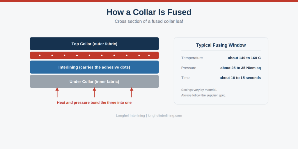 How a collar is fused, cross section and typical fusing settings Figure 3: A fused collar bonds the top collar, interlining, and under collar into one panel.