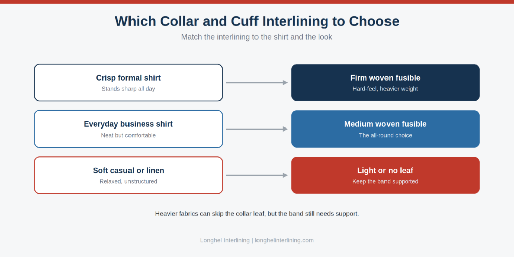 Which collar and cuff interlining to choose by shirt type and formality Figure 4: Match the interlining to the shirt, from crisp formal to soft casual.
